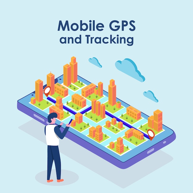 isometric map GPS navigation, Smartphone map application and red pinpoint on screen