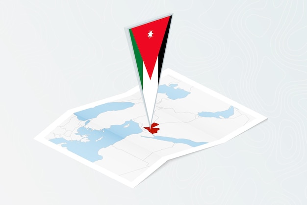Isometric paper map of Jordan with triangular flag of Jordan in isometric style Map on topographic background