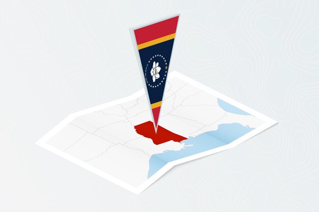 Isometric paper map of Mississippi with triangular flag of Mississippi in isometric style Map on topographic background