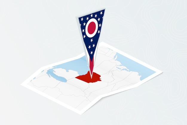Isometric paper map of Ohio with triangular flag of Ohio in isometric style Map on topographic background