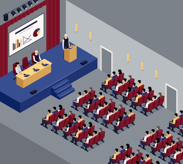 Isometric press conference hall composition with full audience vector illustration