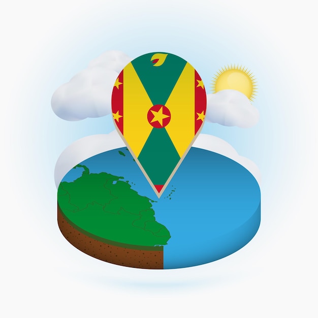 isometric round map of grenada and point marker with flag of grenada cloud and sun on background