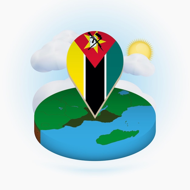 isometric round map of mozambique and point marker with flag of mozambique cloud and sun on background