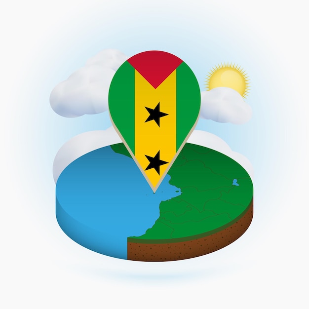 isometric round map of sao tome and principe and point marker with flag of sao tome and principe cloud and sun on background