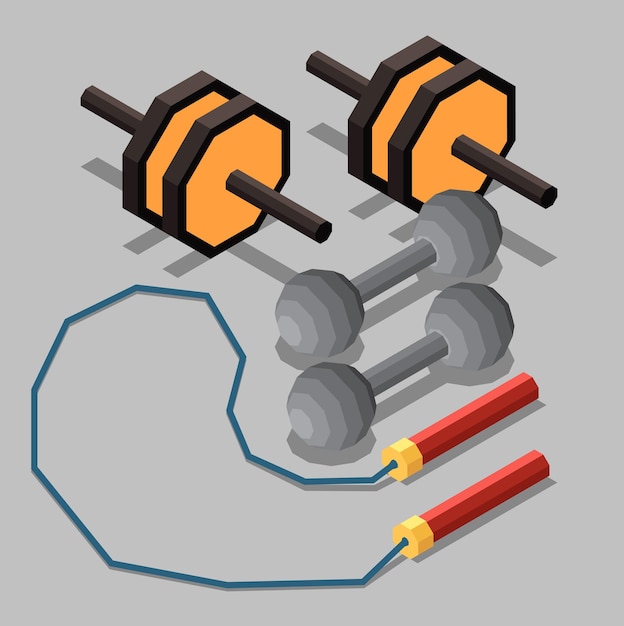 Isometric set of barbell and dumbbell gym equipment sport interior element isometric vector