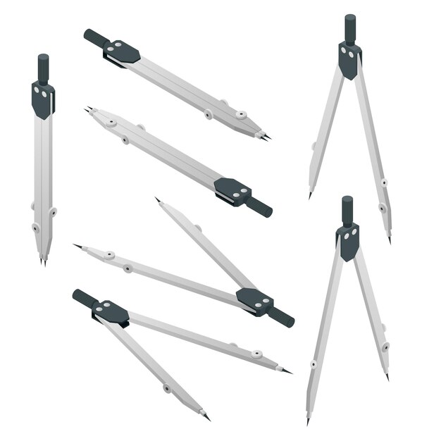 Isometric set of Precision pencil compass icons Hand delimiters tool draftsman s instrument circinus dividers