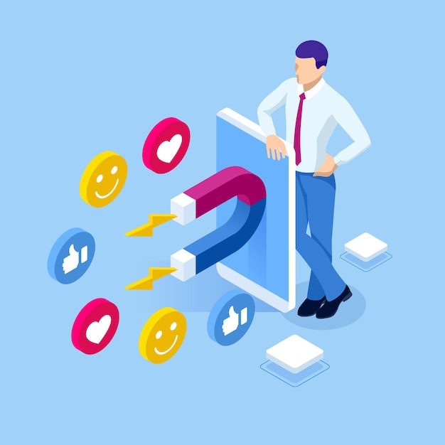 Isometric social media likes and follows or marketing magnet engaging followers concept