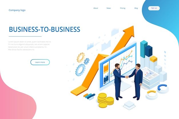 Isometric Successful business collaboration Businessmen shaking hands B2B Data and key performance indicators for business intelligence analytics