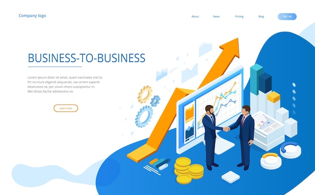 Isometric Successful business collaboration Businessmen shaking hands B2B Data and key performance indicators for business intelligence analytics