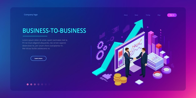 Isometric Successful business collaboration Businessmen shaking hands B2B Data and key performance indicators for business intelligence analytics