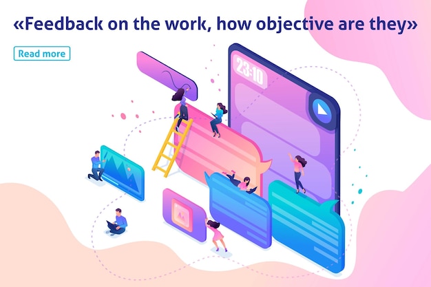 Isometric Template banner article users write comments recall and feedback about services