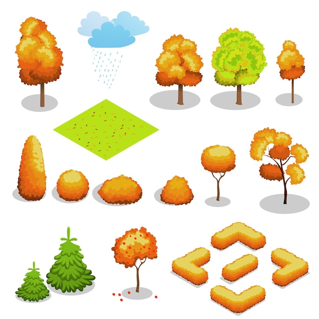 Isometric vector autumn tree set. Landscape constructor kit. Different trees for make design