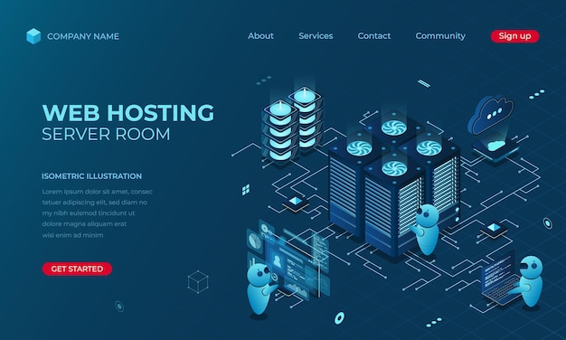 Isometric web hosting landing page concept Concept of server hosting Online computing technology Digital technology website landing page