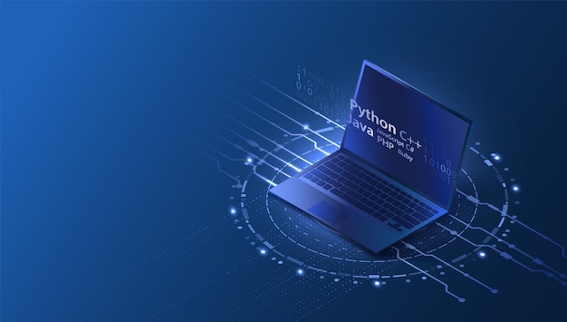 Isometrisk programvareutviklingskonsept Landingsside med laptop og kodedesign