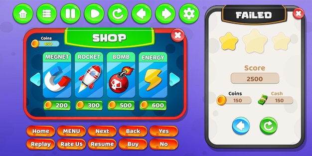 items shop and level failed menu pop up with buttons