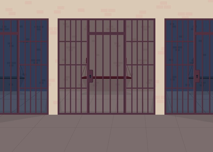 Jail flat color illustration. Police department. Detention center for prisoner. Punishment for legal crime. Justice and law. Prison 2D cartoon interior with bars row on background