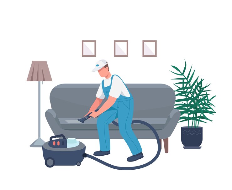 Janitor cleaning sofa flat color faceless character. Housekeeper with vacuum cleaner isolated cartoon illustration for web graphic design and animation. Janitorial service, housekeeping chores
