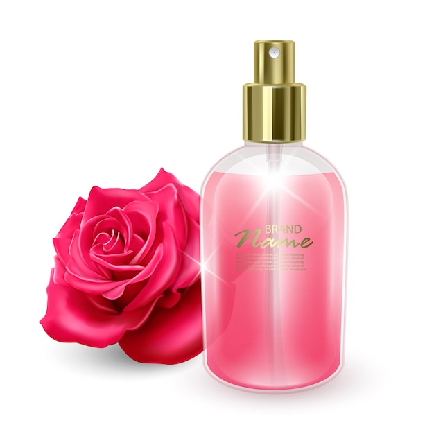 jar with pink perfume on a red rose background