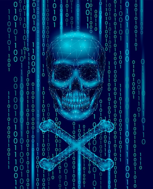 Jolly roger skull binary code numbers, Hacker piracy computer online attack alert,