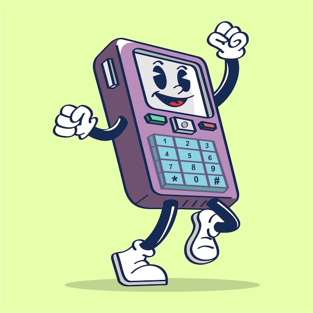 Jumping Mobile Phone Get Horay with Cute Face Cartoon Character Hand Drawing Vector Vintage Style