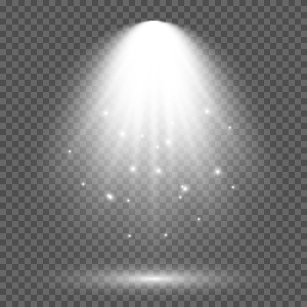 Kald hvit belysning med spotlight. Scenebelysningseffekter på en mørk, gjennomsiktig bakgrunn. Vektorillustrasjon