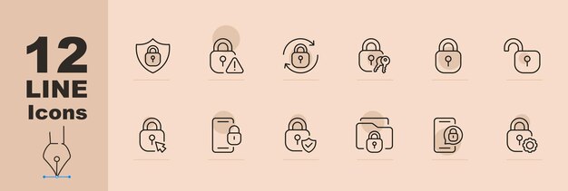 keyhole icon set smartphone folder protection password connection danger hacking pastel color background vector line icon for business