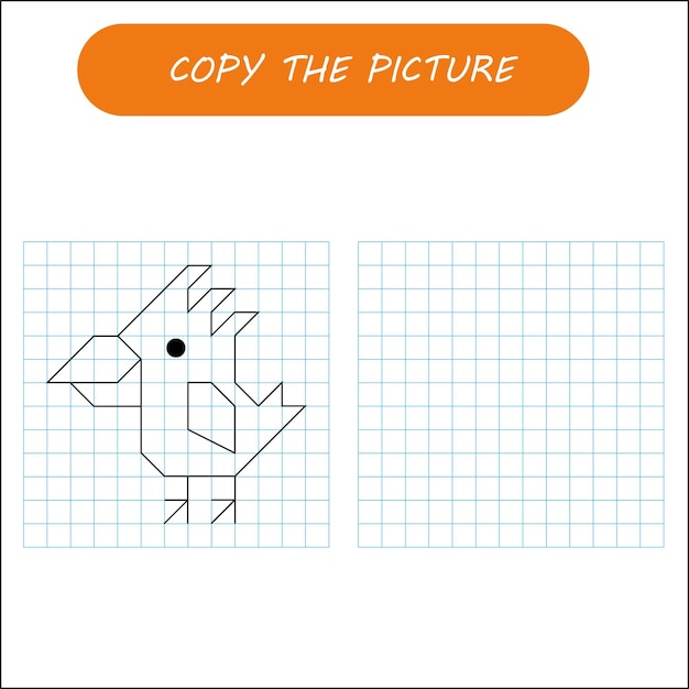 Kids draw activity game with parrot. Copy the picture using grid.