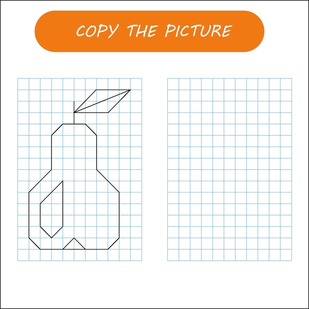 Kids draw activity game with pear. Copy the picture using grid.
