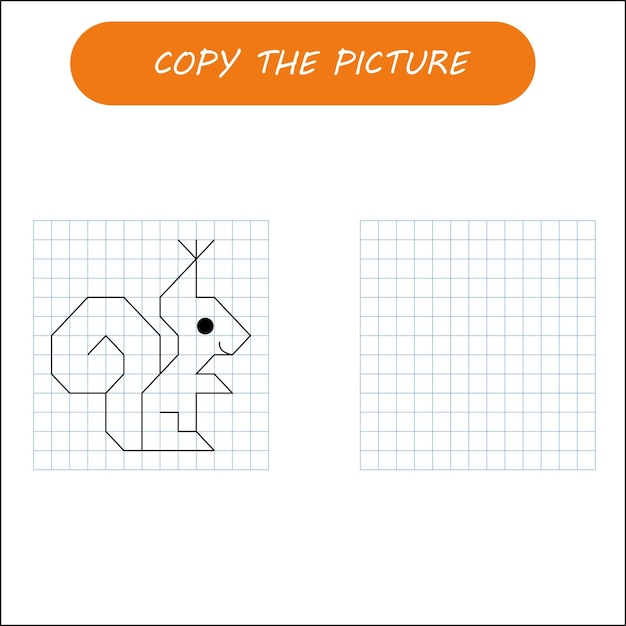 Kids draw activity game with squirrel. Copy the picture using grid.