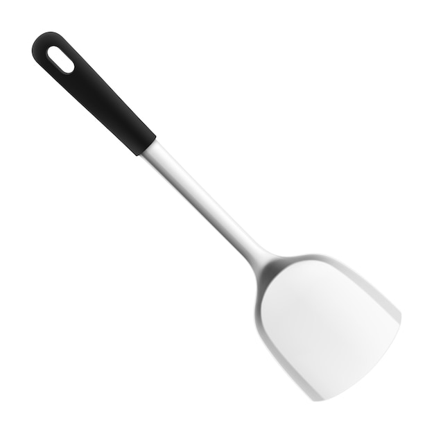Kitchen Spatula Stainless steel isolated on white background A silver metal cooking spatula with black handle Realistic 3D vector illustration Kitchen utensils for cooking tableware