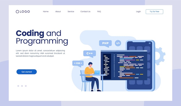 Koding programmeringsspråk css html it ui programmerer tegneseriefigur utvikler nettside design flat illustrasjon landingsside