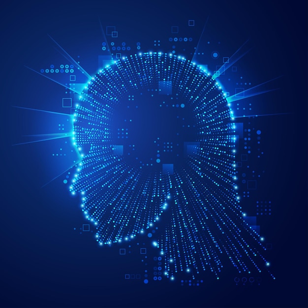 Konsept om virtuell virkelighetsteknologi eller digital transformasjon, grafikk av menneskehode presentert med futuristisk stil