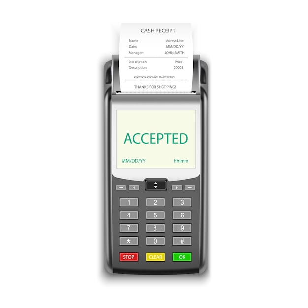 Kredittkort betalingsterminal, POS maskin, realistisk 3D. POS terminal for kredittkort pengebetaling og transaksjon med kjøpskvittering betalingsslipp, mobil NFC betaling kasseterminal