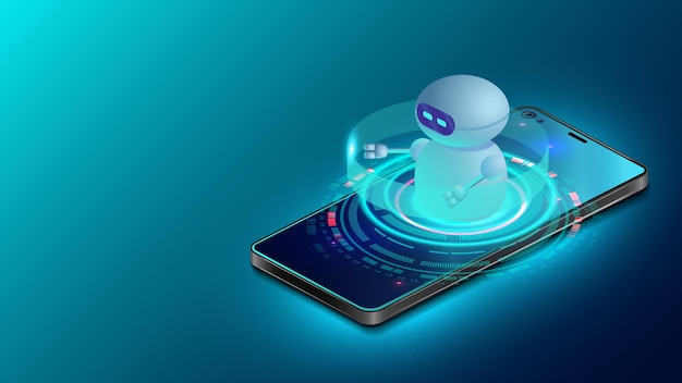 Kunstig intelligens gir tilgang til informasjon og data i online nettverk via smarttelefon. AI i form av en bot kommer ut av telefonskjermen og tilbyr å bruke digital intelligens