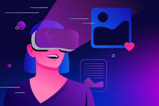 Kvinne i Metaverse Reality Virtual Data Exchange and Communication Vektorillustrasjon