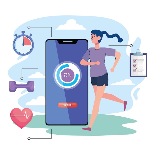 Kvinnelig idrettsutøver som løper med smarttelefon fitness livsstil ikoner illustrasjonsdesign