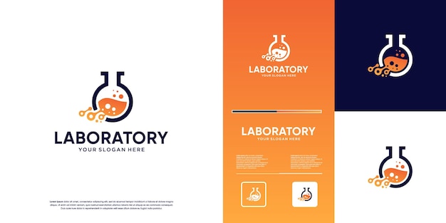 Laboratory beaker logo with the concept of digital technology molecules science graphic design template
