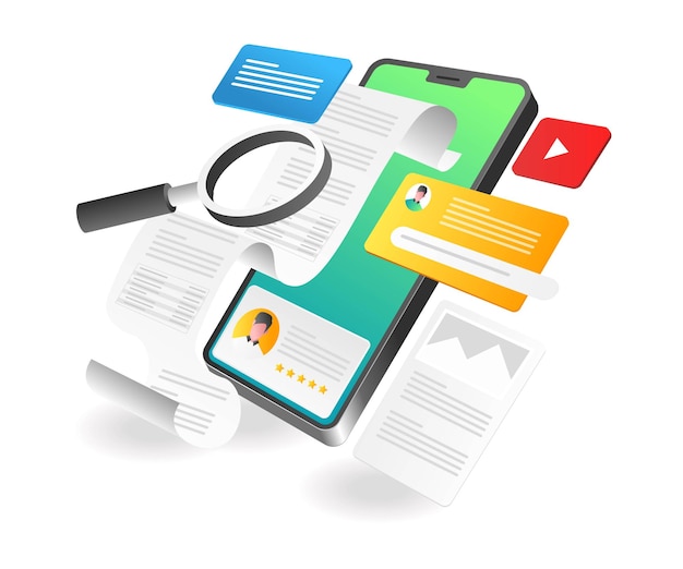 Landing page concept flat isometric illustration smartphone app search for someone39s data