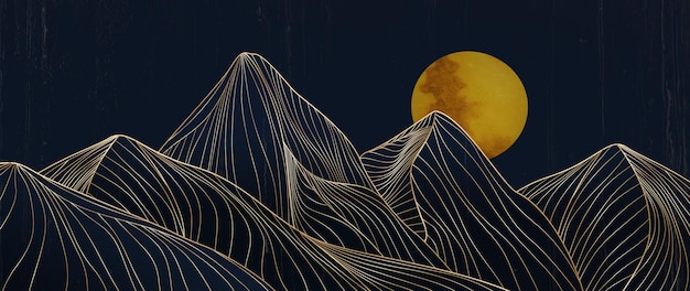 Landscape linear art with mountains of golden lines for design, print, invitations, textiles