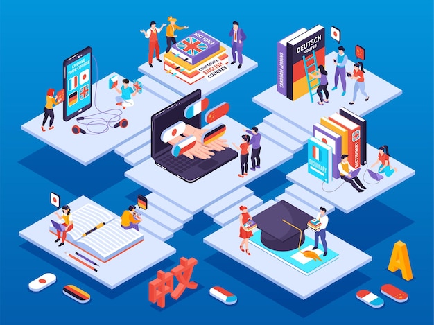 language learning center isometric illustration