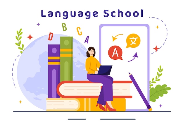 Language School Vector Illustration of Training Program and Study Foreign Hallo Languages Abroad