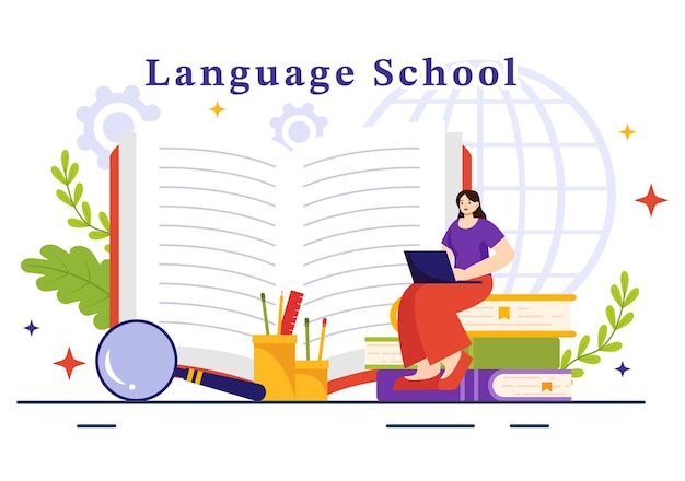 Language School Vector Illustration of Training Program and Study Foreign Hallo Languages Abroad