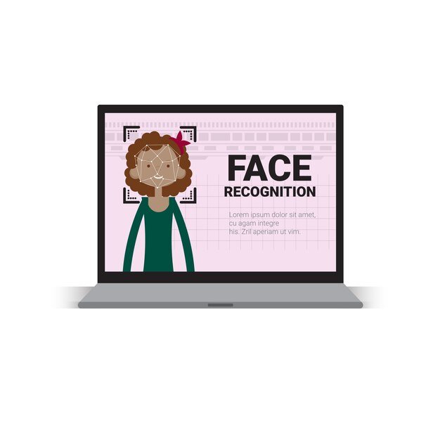laptop computer scanning user female face identification technology access control system biometrical recognition concept