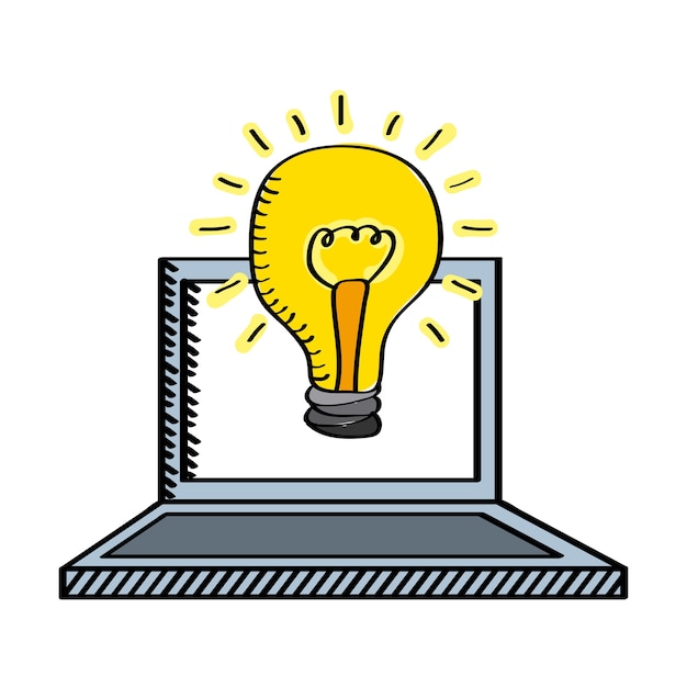laptop computer with bulb light icon 