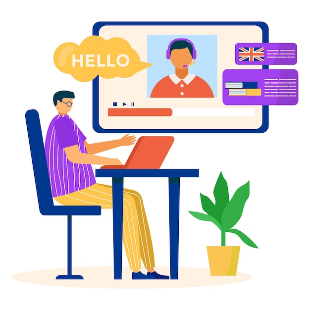 Learning foreign language remote communication internet teacher student study english flat