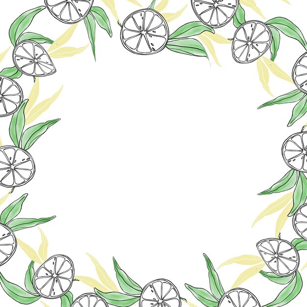 Lemon sliced and leaves watercolor wreath frame square banner hand drawn vector illustration for