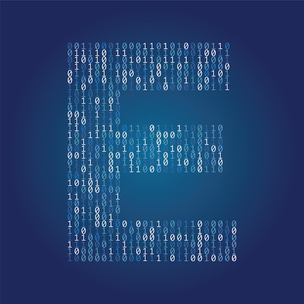 Letter e font made from binary code digits on a dark blue background