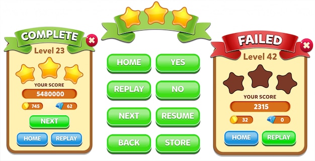 level complete and level failed menu pop up with stars score and buttons gui