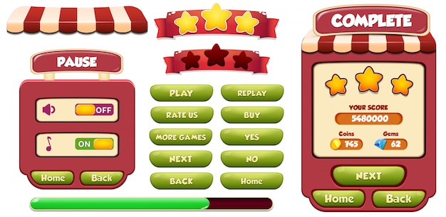 Level Complete and Pause menu pop up screen with stars, loading and button