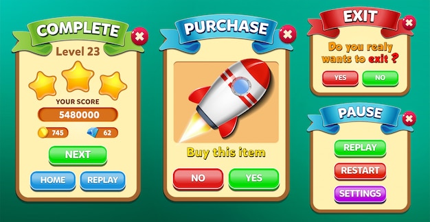level complete, purchase, pause and exit menu pop up with stars score and buttons gui